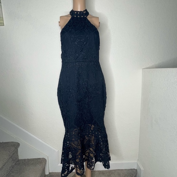 TwoSisters The Label Sonia Dress Size L US8 Blue Halter Lace Lined Fringe Strap - Picture 1 of 14